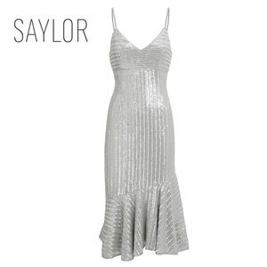 SAYLOR Silver Sequin Peggie Midi Ruffle Dress